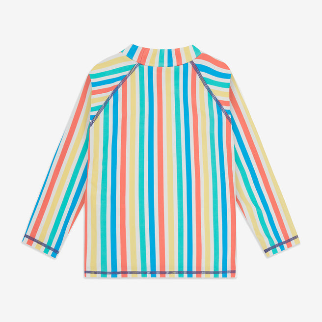 UV Protective Rash Vest Multi Stripe, a long-sleeved top with colourful vertical stripes of teal, coral, yellow, blue and white.